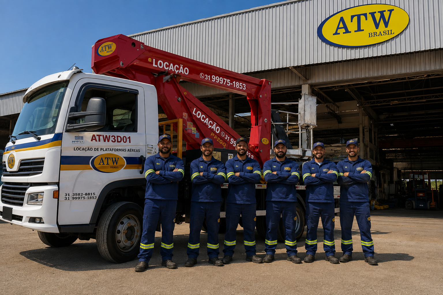 Equipe técnica ATW Brasil em frente à frota de plataformas elevatórias